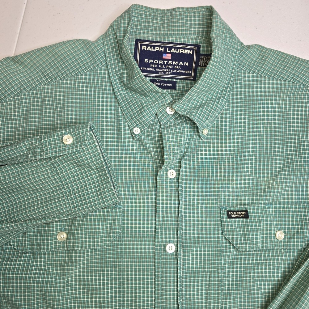 RALPH LAUREN SPORTSMAN Men's Large Green Blue Plaid Check Long Sleeve Shirt 1282